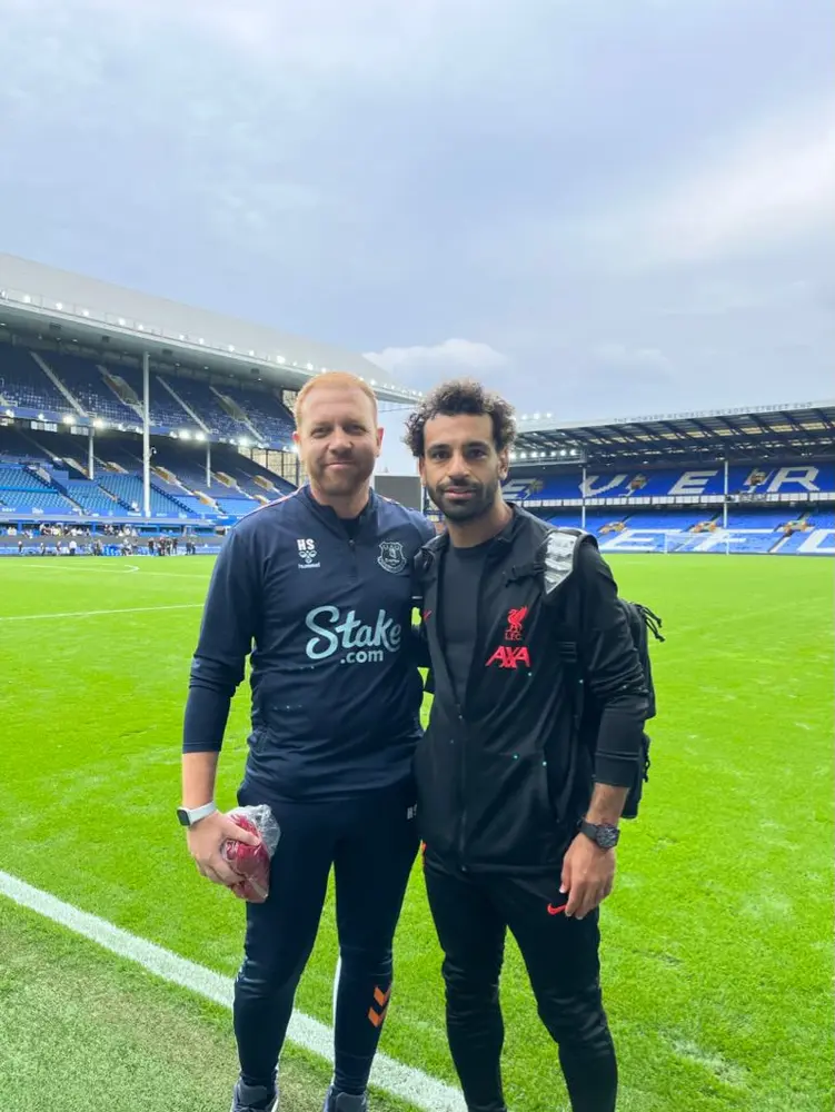 Dr. Haytham Salem with Mohamed Salah at a football stadium during Dr. Salem’s Everton medical role