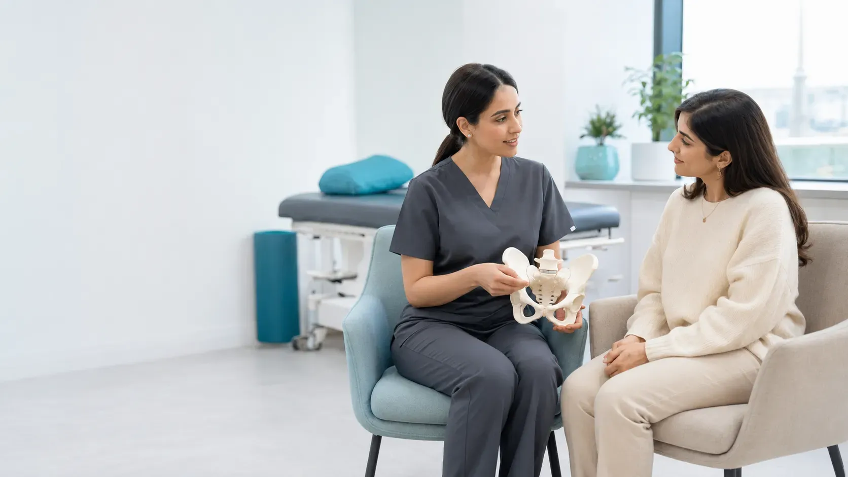 Healthcare professional explaining a pelvic bone model to a patient in a bright clinic.