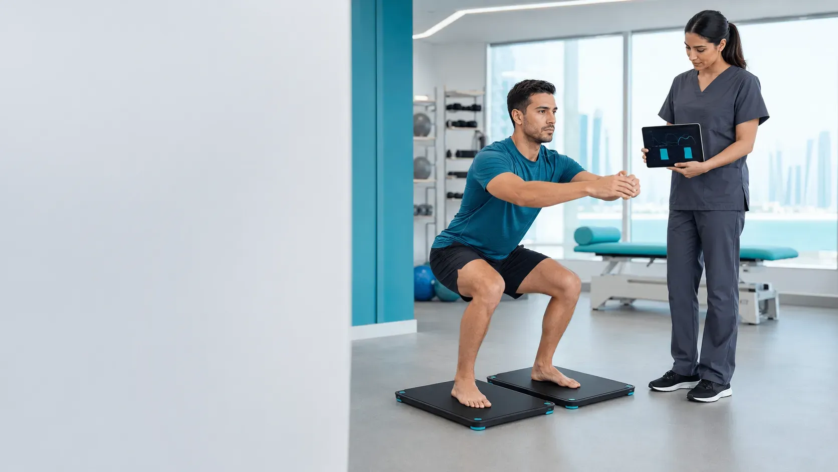 Man performs a squat on two balance platforms while a clinician watches and holds a tablet showing charts in a bright clinic.