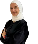 IMG_3954 Background Removed - Perfect Balance Rehabilitation Centre Smiling woman in a white hijab and black outfit against a black background, left hand raised with three fingers visible, wearing a gold ring and a red smartwatch with a blue face.
